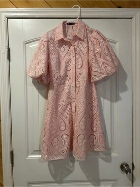 Pink Eyelet Shirt Dress with Puff Sleeves